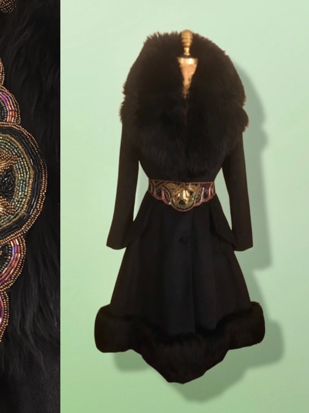 60’s Black Coat Vintage Lilli Ann Fit and Flare Shearling Pinup Princess Beaded